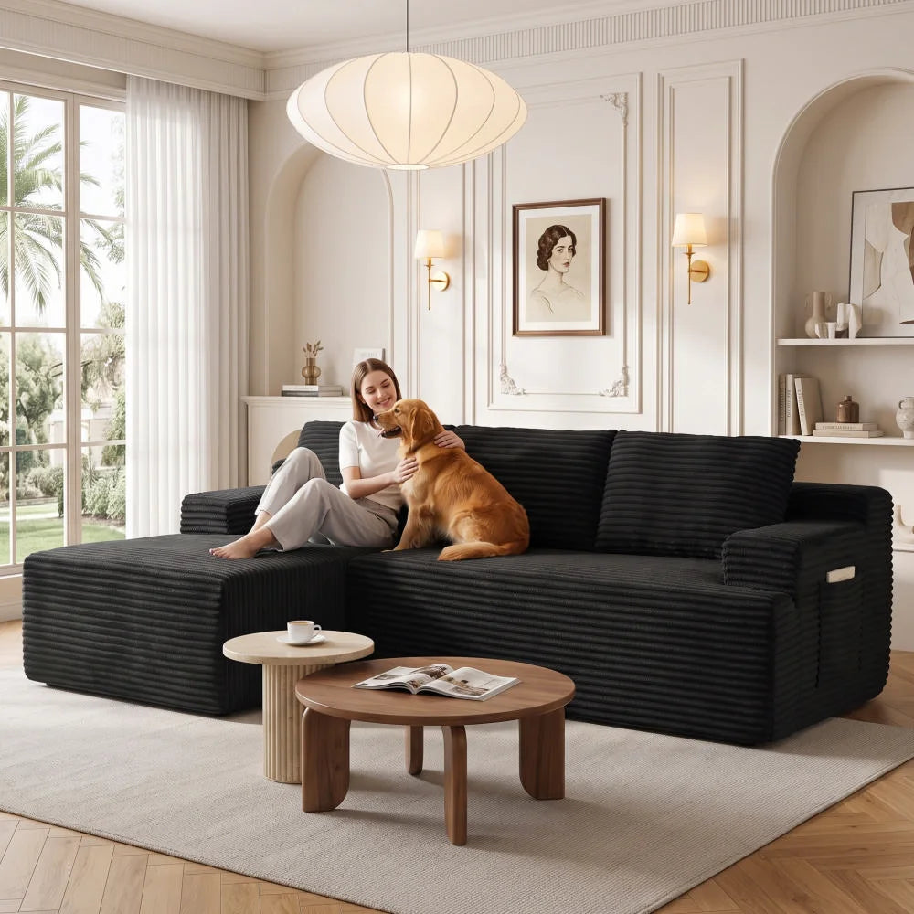Black corduroy L-shaped sectional sofa with chaise