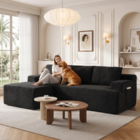 Black Corduroy Sectional Sofa with Chaise | L-Shaped Living Room Couch with USB Port