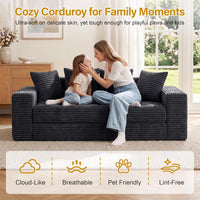 Black Corduroy Sleeper Sofa Bed – Convertible Pull Out Couch with Cup Holders, Side Pockets & 4 Pillows, Modern Sofa Bed for Living Room