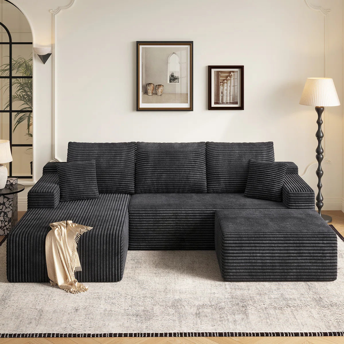 Dark charcoal double chaise U-shaped corduroy sectional sofa
