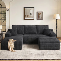 Dark charcoal double chaise U-shaped corduroy sectional sofa