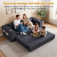 Black Corduroy Sleeper Sofa Bed – Convertible Pull Out Couch with Cup Holders, Side Pockets & 4 Pillows, Modern Sofa Bed for Living Room