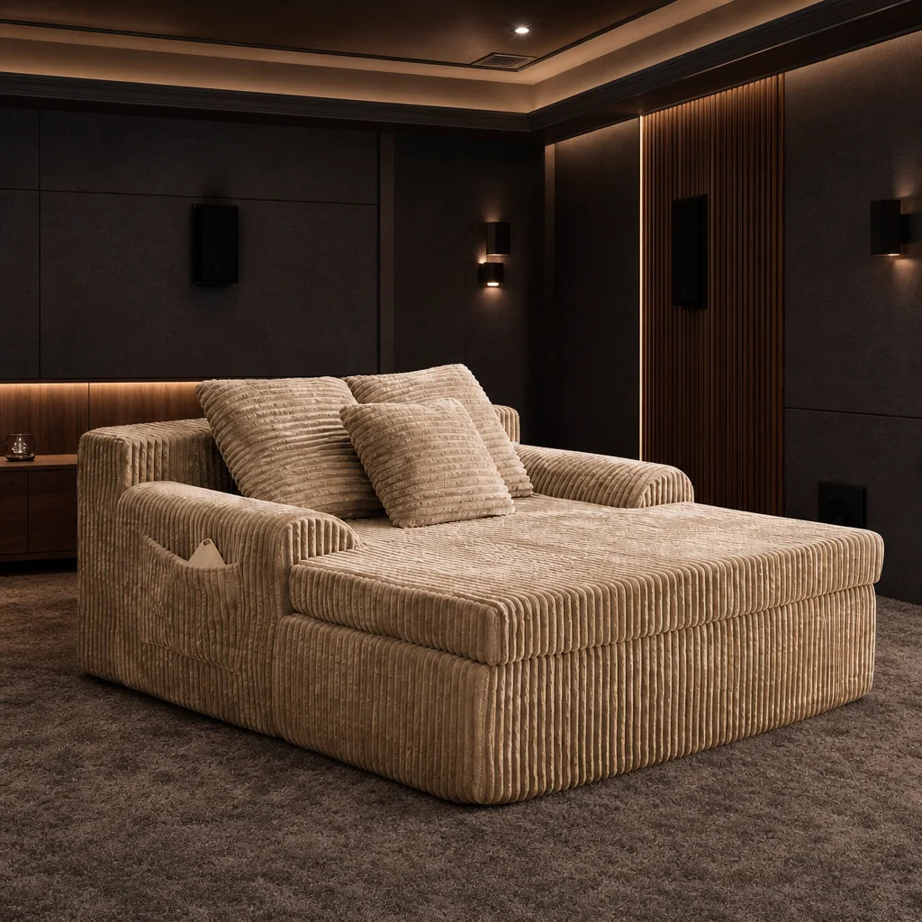 Oversized beige corduroy double chaise lounge with pillows