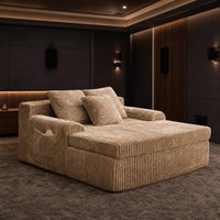 Oversized beige corduroy double chaise lounge with pillows