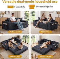 Black Corduroy Sleeper Sofa Bed – Convertible Pull Out Couch with Cup Holders, Side Pockets & 4 Pillows, Modern Sofa Bed for Living Room