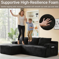 Black Corduroy Sectional Sofa with Chaise | L-Shaped Living Room Couch with USB Port