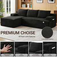 Black Corduroy Sectional Sofa with Chaise | L-Shaped Living Room Couch with USB Port