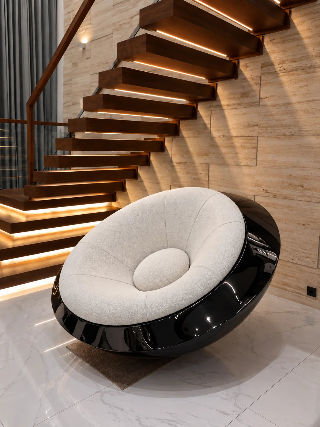 UFO Chair – Luxury Boucle Lounge Chair with Glossy Black Shell, Futuristic Round Statement Accent Chair for Living Room, Lobby & Lounge