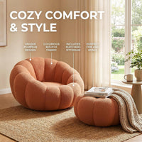 Oversized Pumpkin Accent Chair with Ottoman – 42" Memory Foam Floor Sofa, No Assembly, Orange Cozy Reading Lounge Chair for Living Room, Bedroom & Dorm