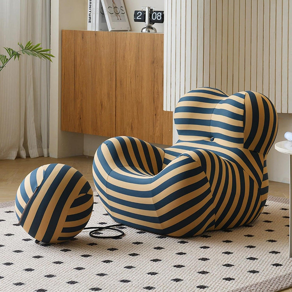 Blue modern floor sofa chair with round ottoman