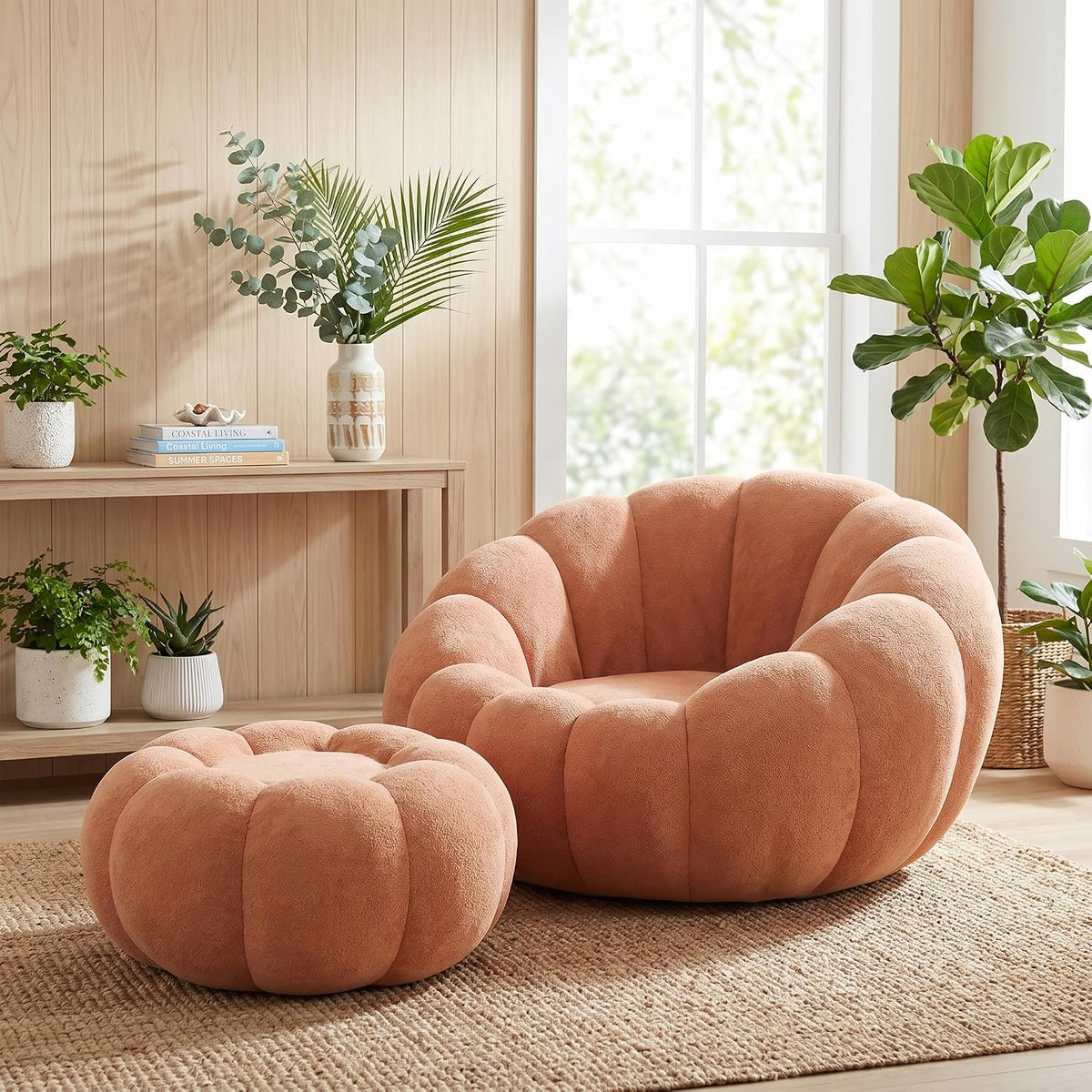 Oversized orange pumpkin accent chair with ottoman