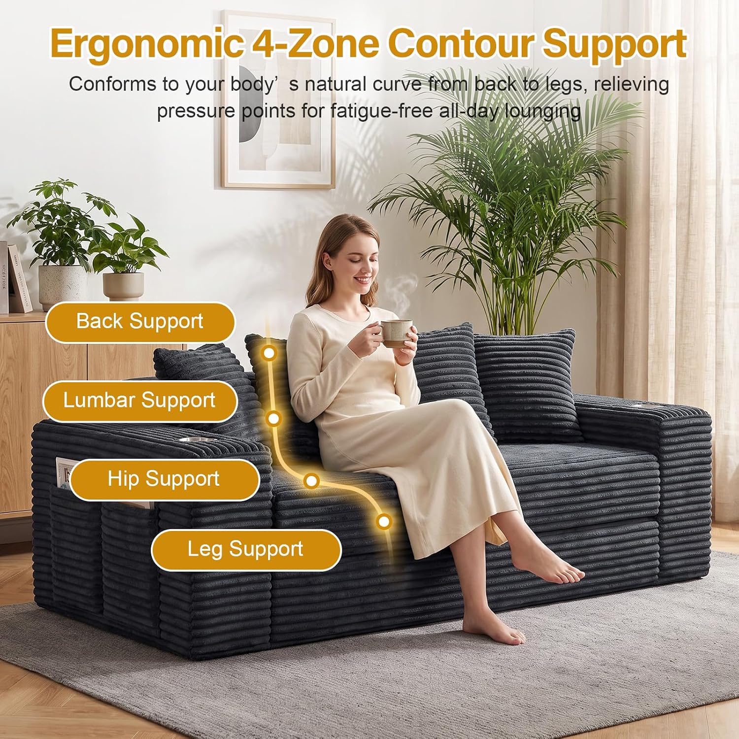 Black corduroy sleeper sofa bed with cup holders and 4 throw pillows