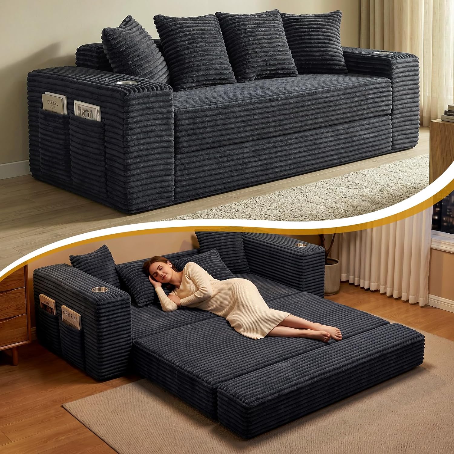 Black corduroy sleeper sofa bed with cup holders and 4 throw pillows