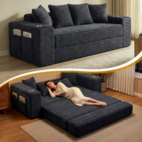 Black corduroy sleeper sofa bed with cup holders and 4 throw pillows