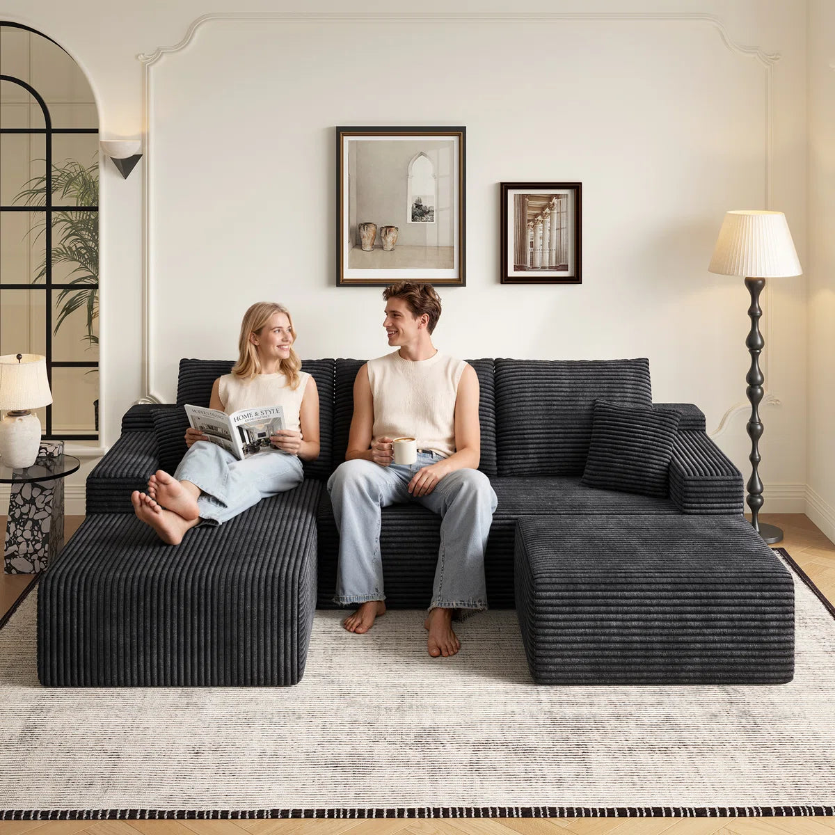 Dark charcoal double chaise U-shaped corduroy sectional sofa
