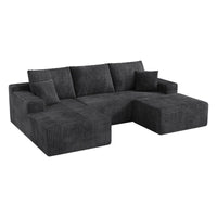 Double Chaise Sectional Sofa | U-Shaped Corduroy Couch with Ottomans, Dark Charcoal