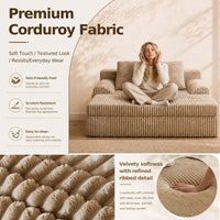 Oversized Corduroy Chaise Lounge | Double Wide Daybed Sofa with Side Pockets, Beige