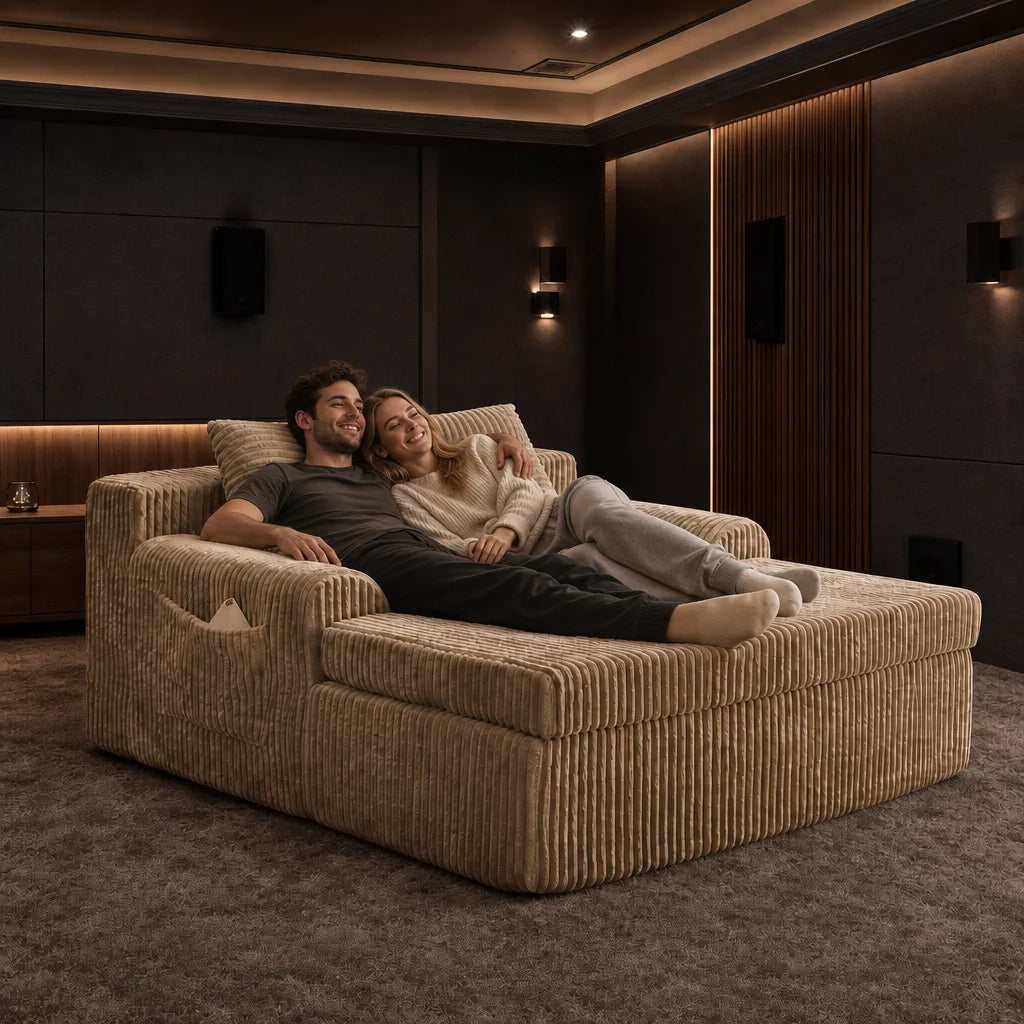 Oversized beige corduroy double chaise lounge with pillows
