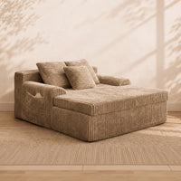 Oversized Corduroy Chaise Lounge | Double Wide Daybed Sofa with Side Pockets, Beige