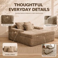 Oversized Corduroy Chaise Lounge | Double Wide Daybed Sofa with Side Pockets, Beige