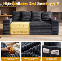 Black Corduroy Sleeper Sofa Bed – Convertible Pull Out Couch with Cup Holders, Side Pockets & 4 Pillows, Modern Sofa Bed for Living Room